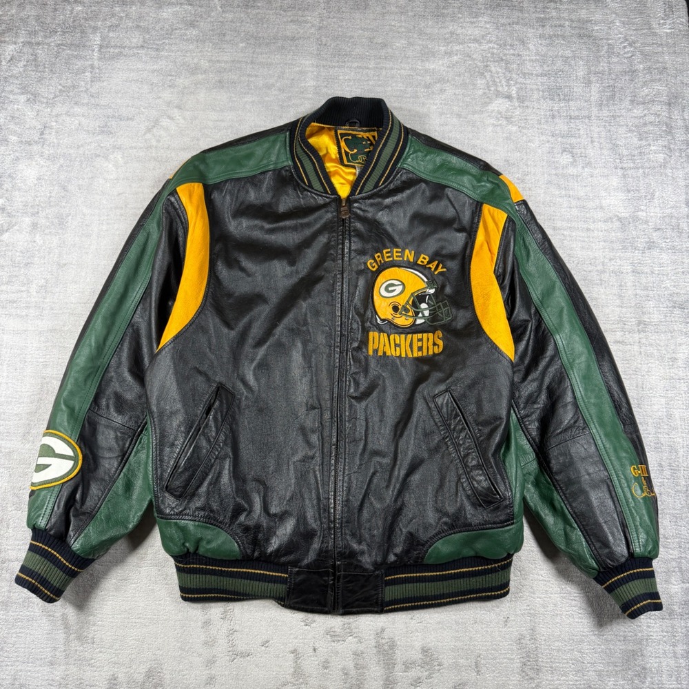 VTG Green Bay Packers Jacket Mens Large Black G-III Carl Banks Leather Varsity